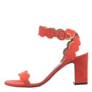 Revolve Tabitha Simmons Orange Suede Leather Scalloped Sandals Block Heels